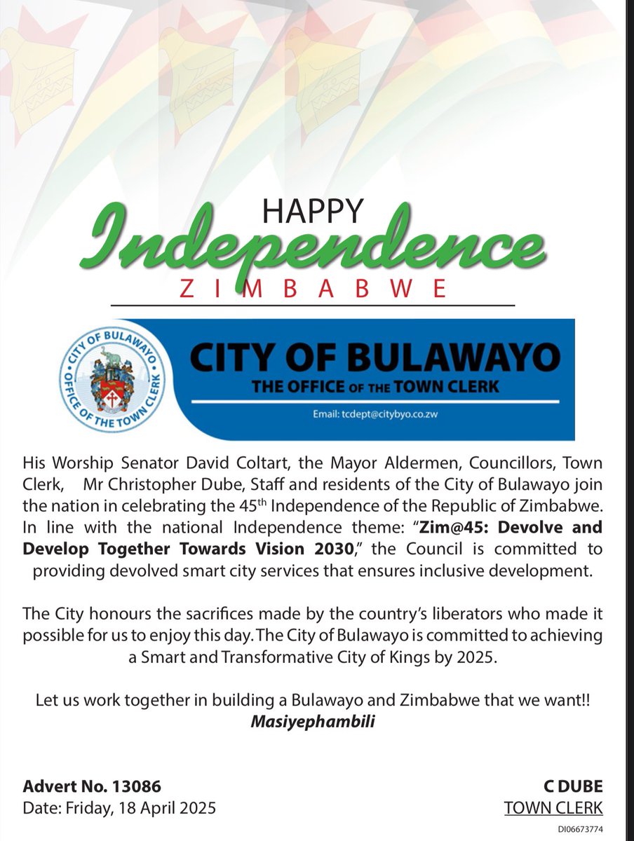 The City of Bulawayo wishes you a Happy Independence Day 🇿🇼
