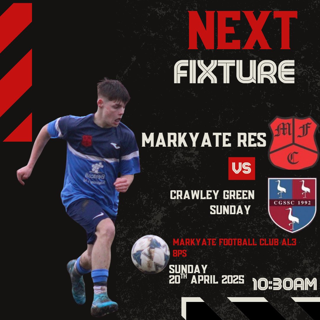 Dmarkyatefc's tweet photo. A massive game for the reserves this Sunday as they welcome @_CrawleygreenFc to the Rec. With both clubs fighting for the division 4 title this game will be huge for both sides. Bar will be open so come get behind the boys in their top of the table clash 👊🏻 #UTFY 🔴⚫️ https://t.co/fEPFaAbTuZ