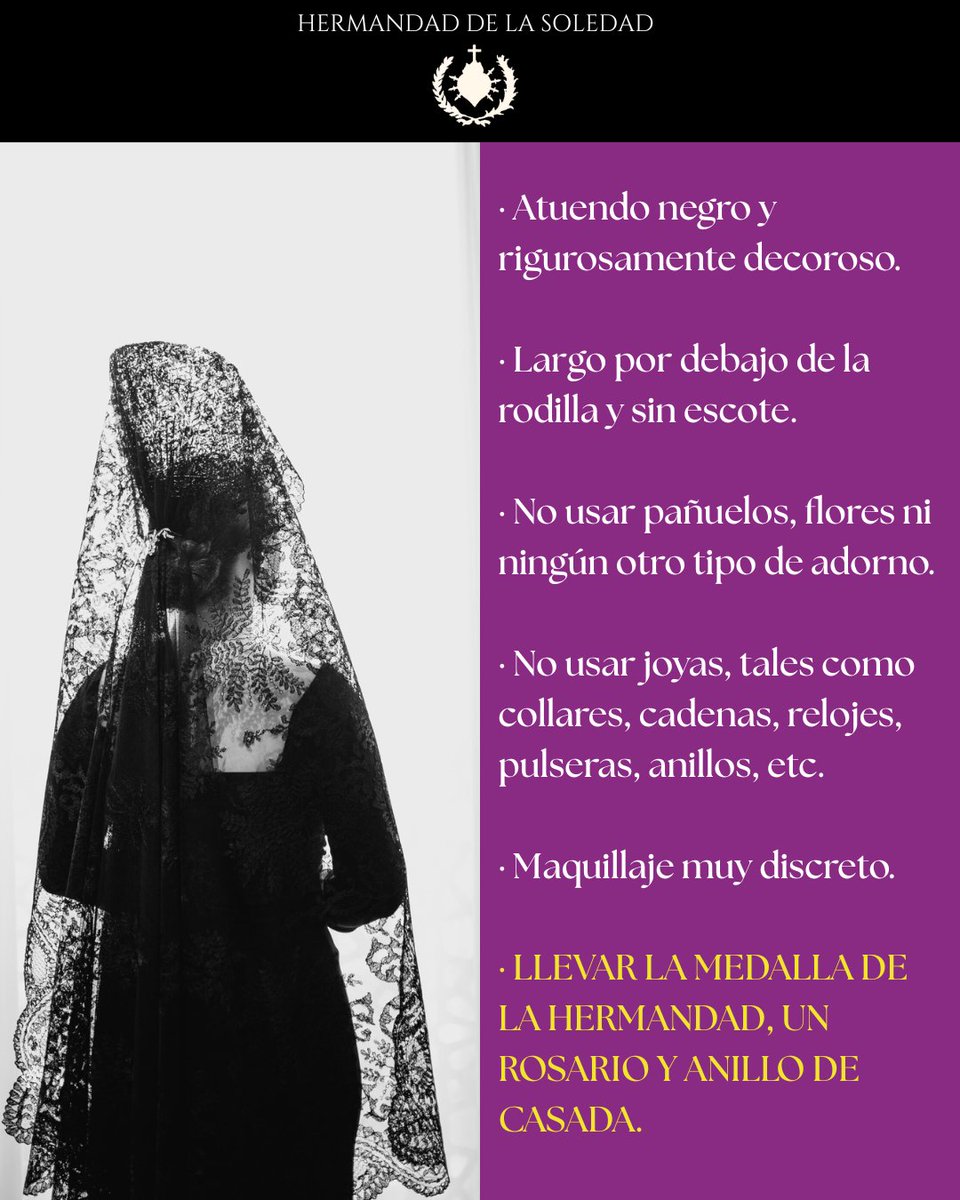 👞 𝐕𝐄𝐒𝐓𝐈𝐌𝐄𝐍𝐓𝐀 | Estas son las normas de vestimenta tanto para nazarenos como para mantillas para la estación de penitencia de esta noche. 

#𝗦𝗶𝗴𝗹𝗼𝘀𝗱𝗲𝗦𝗼𝗹𝗲𝗱𝗮𝗱
#𝗬𝗼𝗦𝗼𝘆𝗱𝗲𝗹𝗮𝗦𝗼𝗹𝗲𝗱𝗮𝗱