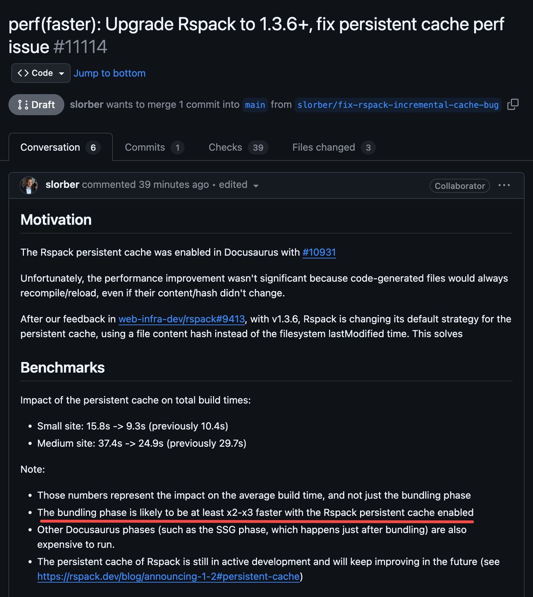 Rspack (@rspack_dev) on Twitter photo Rspack's persistent cache is getting better - faster and more stable🚀
Huge shoutout to <a href="/sebastienlorber/">Seb ⚛️ ThisWeekInReact.com</a> for testing it with Docusaurus and providing valuable feedback 💪 Rspack's persistent cache is getting better - faster and more stable🚀
Huge shoutout to <a href="/sebastienlorber/">Seb ⚛️ ThisWeekInReact.com</a> for testing it with Docusaurus and providing valuable feedback 💪