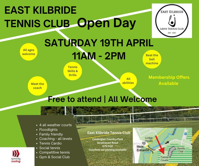 Cllr David Watson (@cllrwatsonslc) on Twitter photo This Saturday. East Kilbride Tennis Club Open Day. Calderglen Country Park, 11am - 2pm. <a href="/SportnHealthSL/">Sport & Health Development SLLC</a> <a href="/EkCouncil/">East Kilbride Sports Council</a> This Saturday. East Kilbride Tennis Club Open Day. Calderglen Country Park, 11am - 2pm. <a href="/SportnHealthSL/">Sport & Health Development SLLC</a> <a href="/EkCouncil/">East Kilbride Sports Council</a>