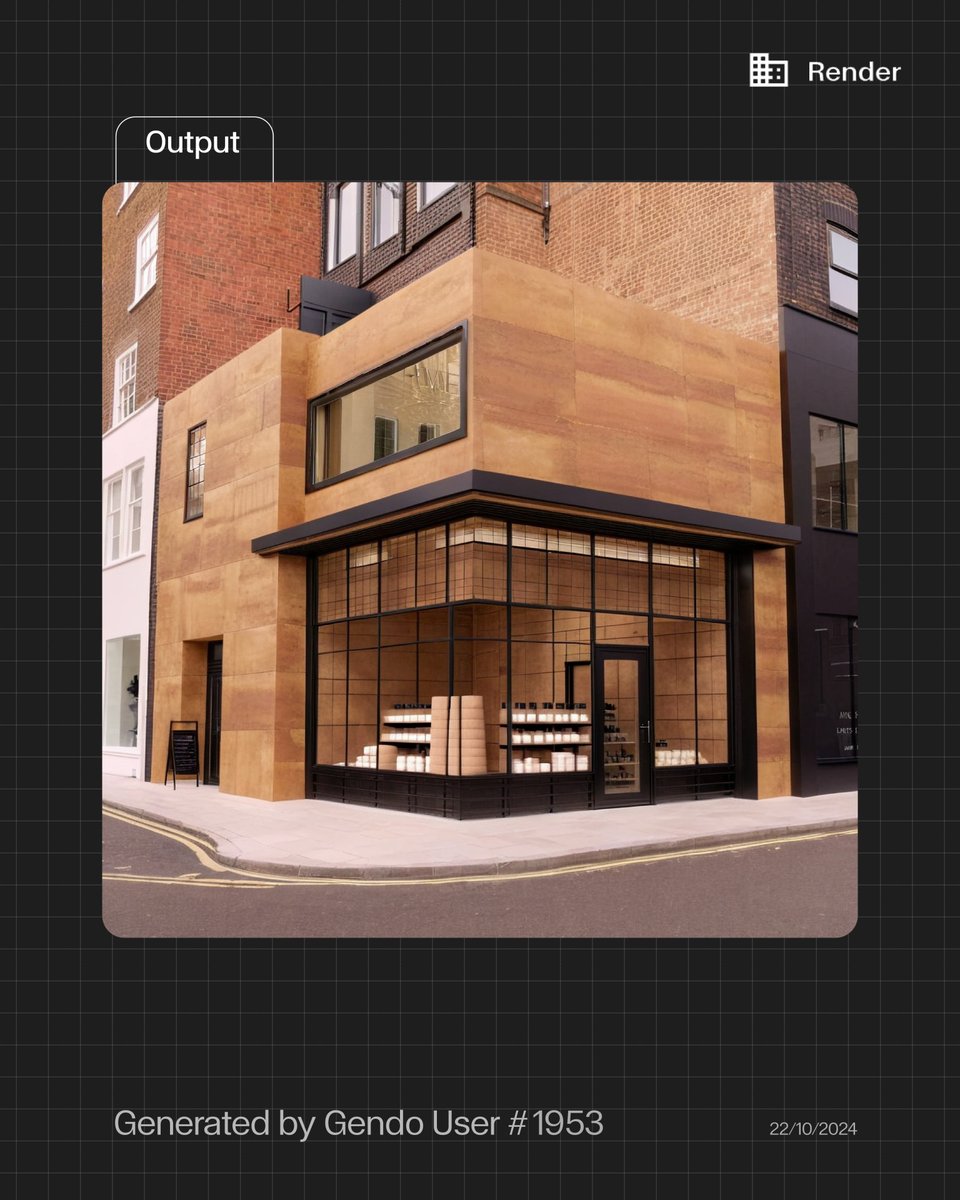 AI-powered rendering is changing how we visualise sustainable design.
This rammed earth retail store in London was created in seconds with Gendo’s Render tool—bringing natural textures and modern detailing to life. 

Try it now: bit.ly/4is4T0J

#GendoAI #AIArchitecture