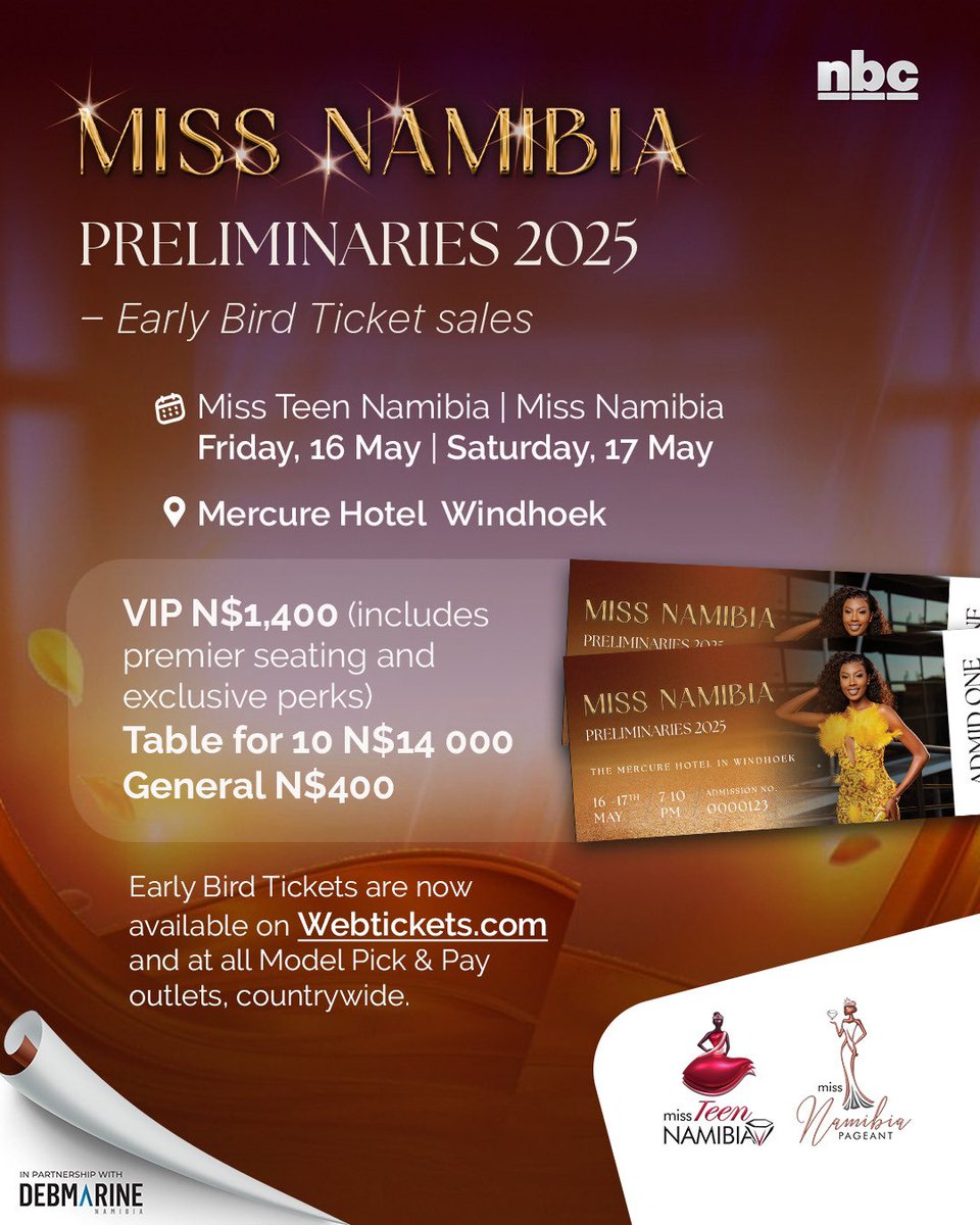 Miss Namibia Preliminaries 2025 – Ticket sales
 
Early Bird Tickets are now available
VIP N$1,400 (includes premier seating and exclusive perks)
Table for 10 N$14 000
General N$400

webtickets.com.na/event.aspx?ite…

webtickets.com.na/event.aspx?ite…