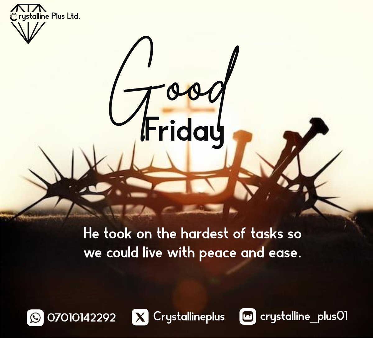 Crystallineplus's tweet photo. Today, we remember the ultimate sacrifice.
He bore the crown of thorns, carried the cross, and gave His life so we could live with peace, grace, and eternal hope.
Let's reflect on the depth of His love and the power of His sacrifice.

Good Friday #5IVE #MUFC Easter LUTH Remontada https://t.co/mPmJPKhULW