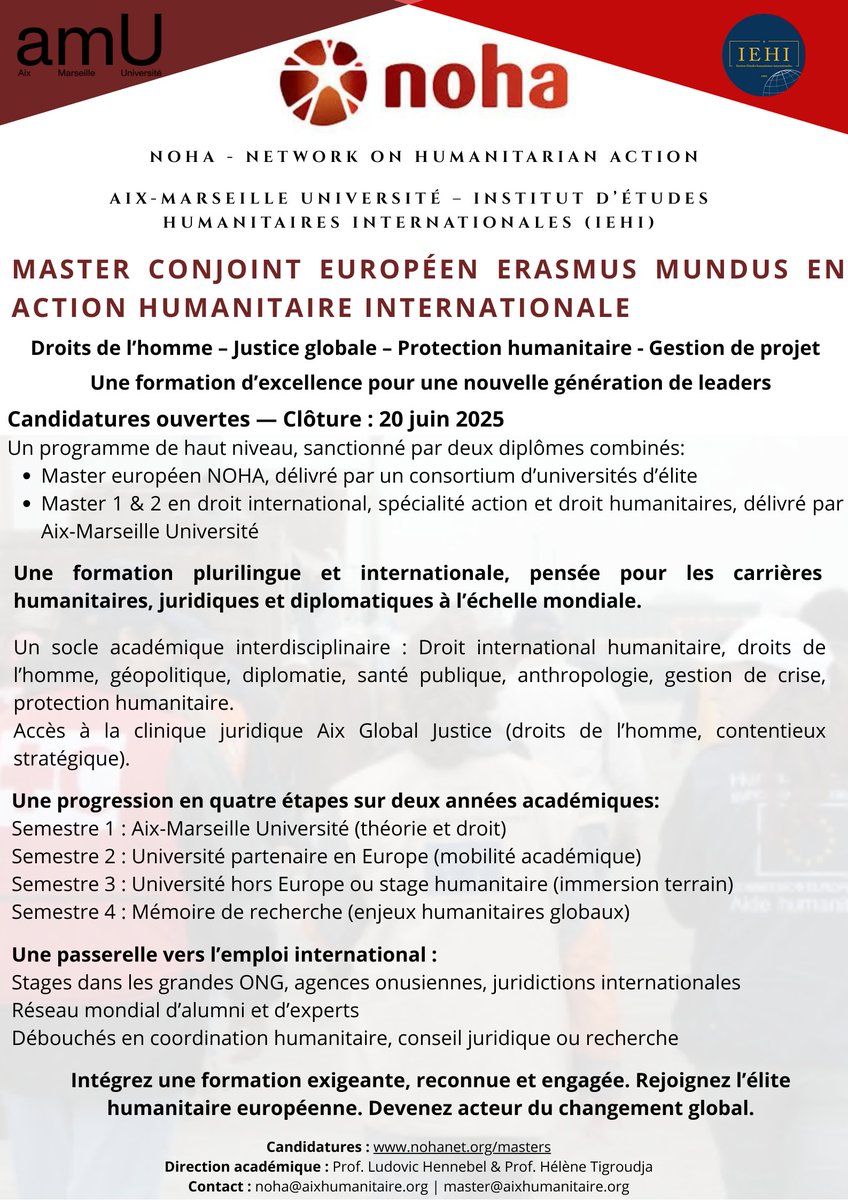 Candidatez pour le Master NOHA en Action humanitaire à @univamu !
Clôture : 20.06.2025
Formation interdisciplinaire, internationale et professionnalisante
Postulez: nohanet.org/masters
#Master #ActionHumanitaire <a href="/LudoHennebel/">Ludovic Hennebel</a> <a href="/HeleneTigroudja/">Hélène Tigroudja</a> <a href="/NOHANetwork/">Network on Humanitarian Action</a> <a href="/FdspAmu/">FDSP AMU</a>