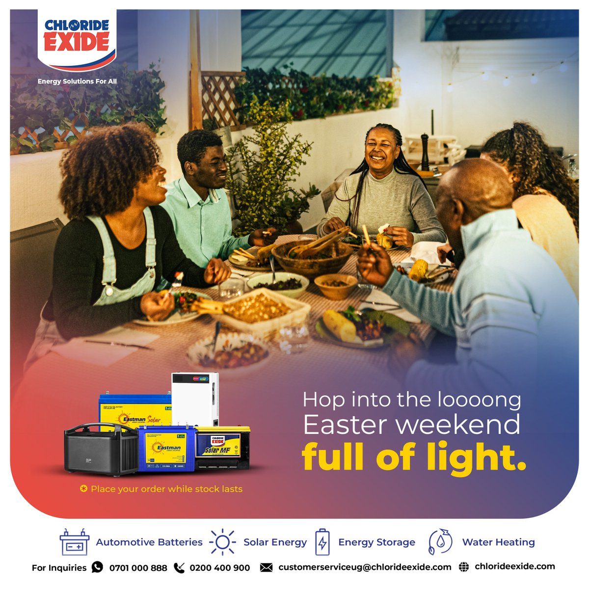 chlorideexideug's tweet photo. This long Easter Weekend, allow Chloride Exideโs solar systems to keep your home powered while you relax, recharge, and make memories with family.
Call us for all your solar installation solutions at 0200400900 or WhatsApp us 0701 000 888.
#ChlorideSolar
#ChlorideExide
#EasterWeekend
#EnergySolutionsForAll