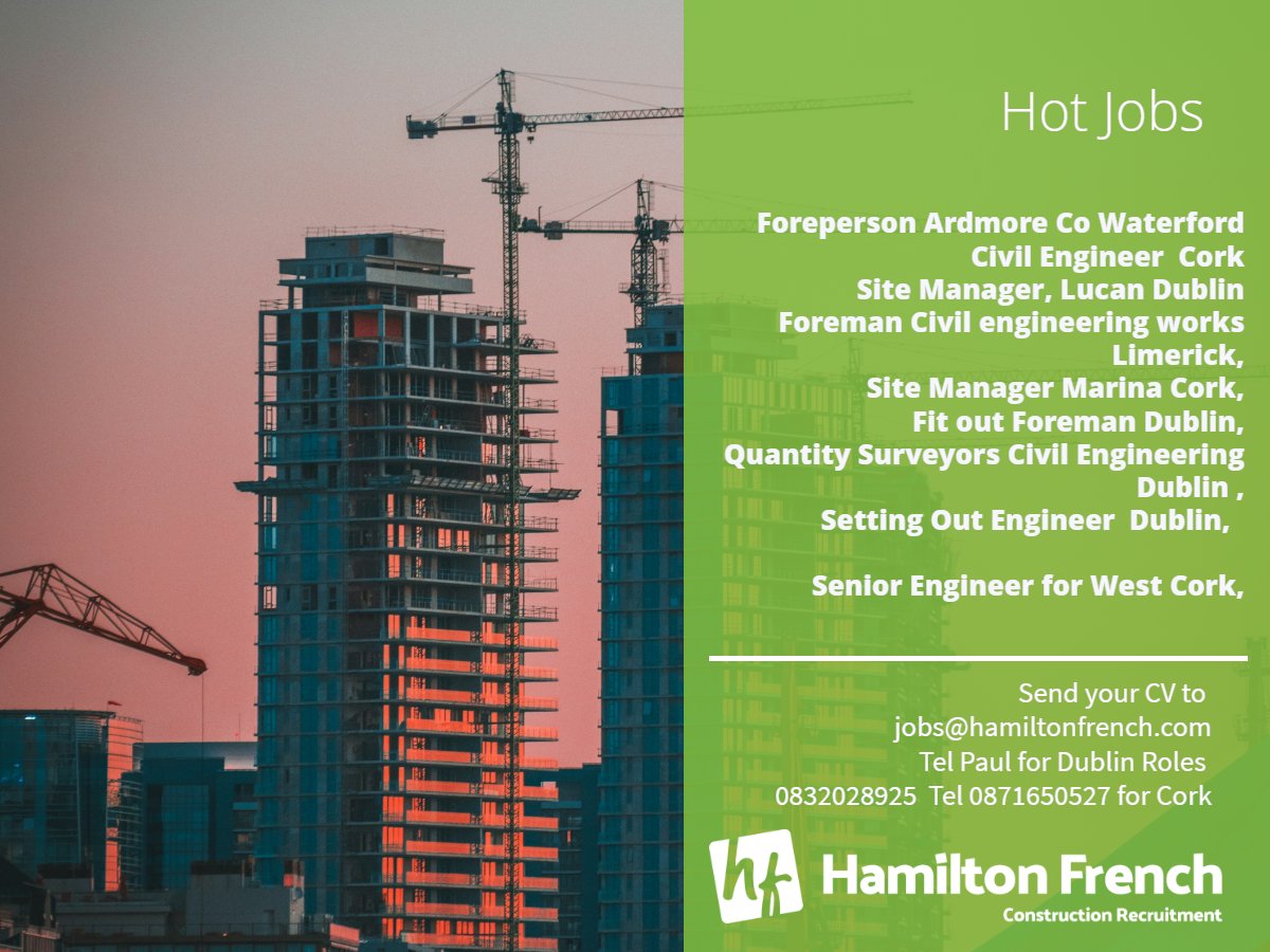 HamiltonFrench_'s tweet photo. Jobs  of the week.

#civilengineeringjobs #quantitysurveyor #sitemanager #seniormanager #civilengineer #settingoutengineer #engineersireland https://t.co/fdm2U73RLE