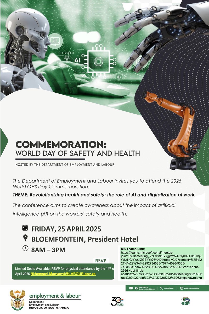 deptoflabour's tweet photo. The Department of Employment and Labour invites you to attend the 2025
World OHS Day Commemoration.
#Yazini #ServicedeliveryZA #GovZAUpdates  #OHSReforms #SafetyFirst #HealthandSafetyMonth https://t.co/Q5FbnzjFVb