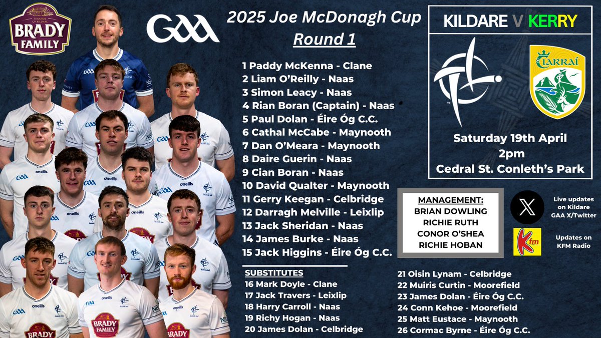Brian Dowling and his management team have named their Kildare Senio Hurling Panel to take on Kerry tomorrow in Cedral St.Conleth's Park at 2pm in the first round of the Joe McDonagh Cup. 

All support is greatly appreciated as the team look for a good start to their Championship
