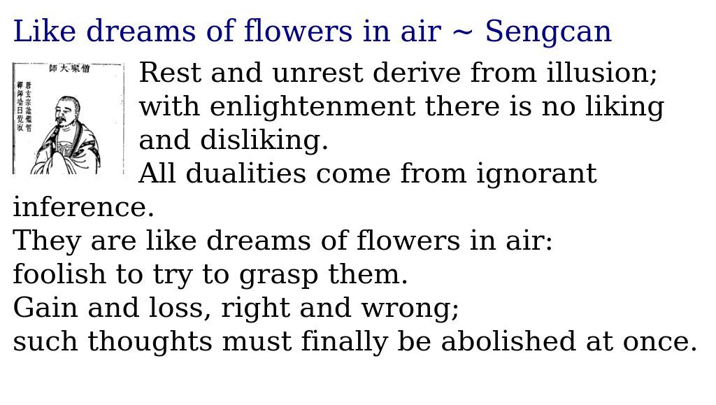 JDharmaQuotes's tweet photo. Like dreams of flowers in air ~ Sengcan
https://t.co/2YNr4AlW0I
#Sengcan #grapsing #ignorance #illusion https://t.co/u9PaN0trjU