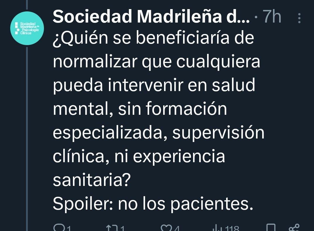 <a href="/Fasmida/">A. Gutiérrez Salegui ❤️‍🩹</a> <a href="/cop_psicologia/">Consejo General de la Psicología de España (COP)</a> Nos llaman "cualquieras". Es intolerable. Prefieren que la población espere seis meses para ser atendida en salud mental a que se contraten psicólogos sanitarios en atención primaria. Todo muy lógico.