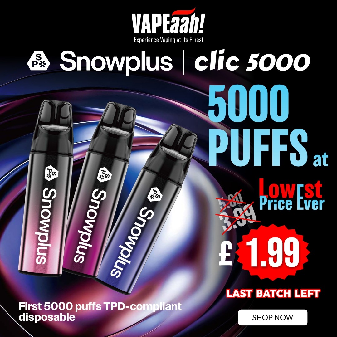vapeaah's tweet photo. Now get 5000 Puffs at just £1.99 on our website https://t.co/RouViVq6It

Enjoy Snowplus clic 5000 Puffs Disposable Vape with 16 different flavours. Buy Now to grab the deal. https://t.co/6gV8NGe8Wr