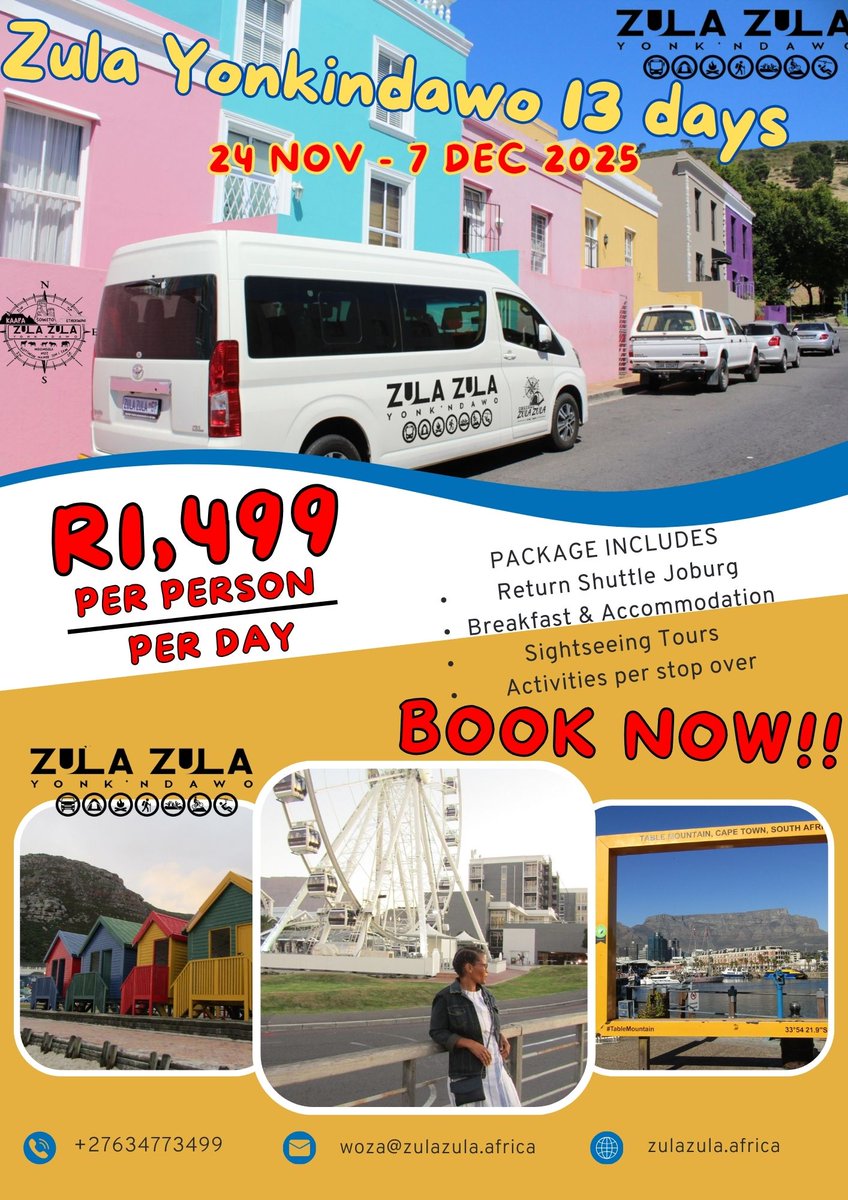 🚨 Bookings Closing Soon! 🚨

Zula Zula Tours to Kruger | Durban | Drakensberg | Cape Town | Limpopo | Garden Route are almost FULL!
🚌 Pay your deposit NOW to secure your seat. Small group travel, BIG adventure guaranteed!
📞 +27 63 477 3499
📧 woza@zulazula.africa