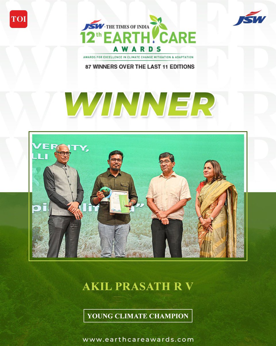Earth Care Awards (@earthcareawards) on Twitter photo Proud to recognise Akil Prasath R V as a Young Climate Champion at the 12th #EarthCareAwards for his impactful work in curbing the spread of Prosopis juliflora and restoring biodiversity in Tamil Nadu. <a href="/timesofindia/">The Times Of India</a> <a href="/TheJSWGroup/">JSW Group</a> <a href="/JSWFoundation/">JSW Foundation</a> Proud to recognise Akil Prasath R V as a Young Climate Champion at the 12th #EarthCareAwards for his impactful work in curbing the spread of Prosopis juliflora and restoring biodiversity in Tamil Nadu. <a href="/timesofindia/">The Times Of India</a> <a href="/TheJSWGroup/">JSW Group</a> <a href="/JSWFoundation/">JSW Foundation</a>
