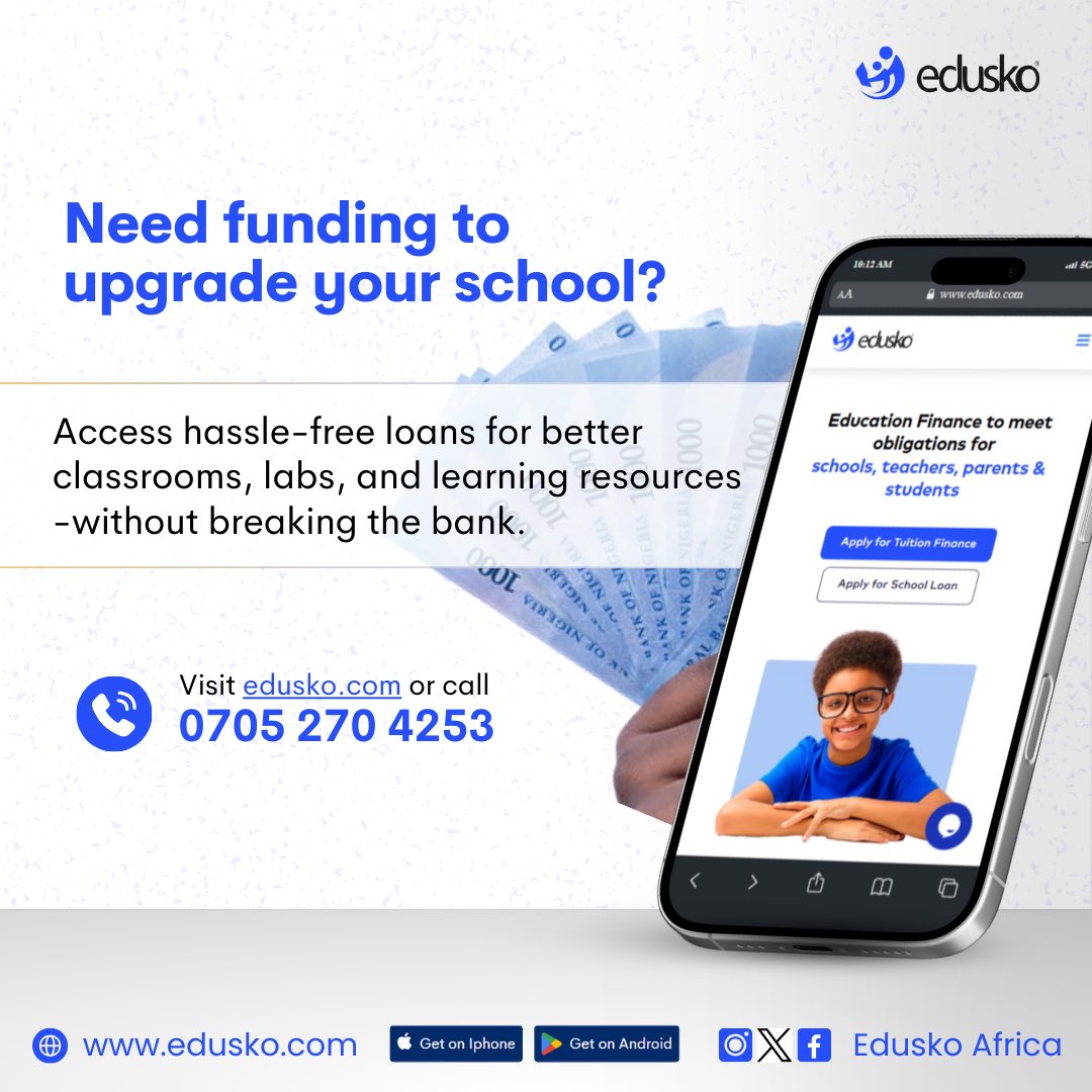 EduskoAfrica's tweet photo. Need funds to renovate your school or upgrade equipment?
Visit https://t.co/lBoXm7fmek or call 07052704253 to explore flexible financing options tailored for educational institutions.
#SchoolAdmin #EducationMatters #Edusko #FYP #EducationalSupport #SchoolTips https://t.co/vmwSW3QQDr