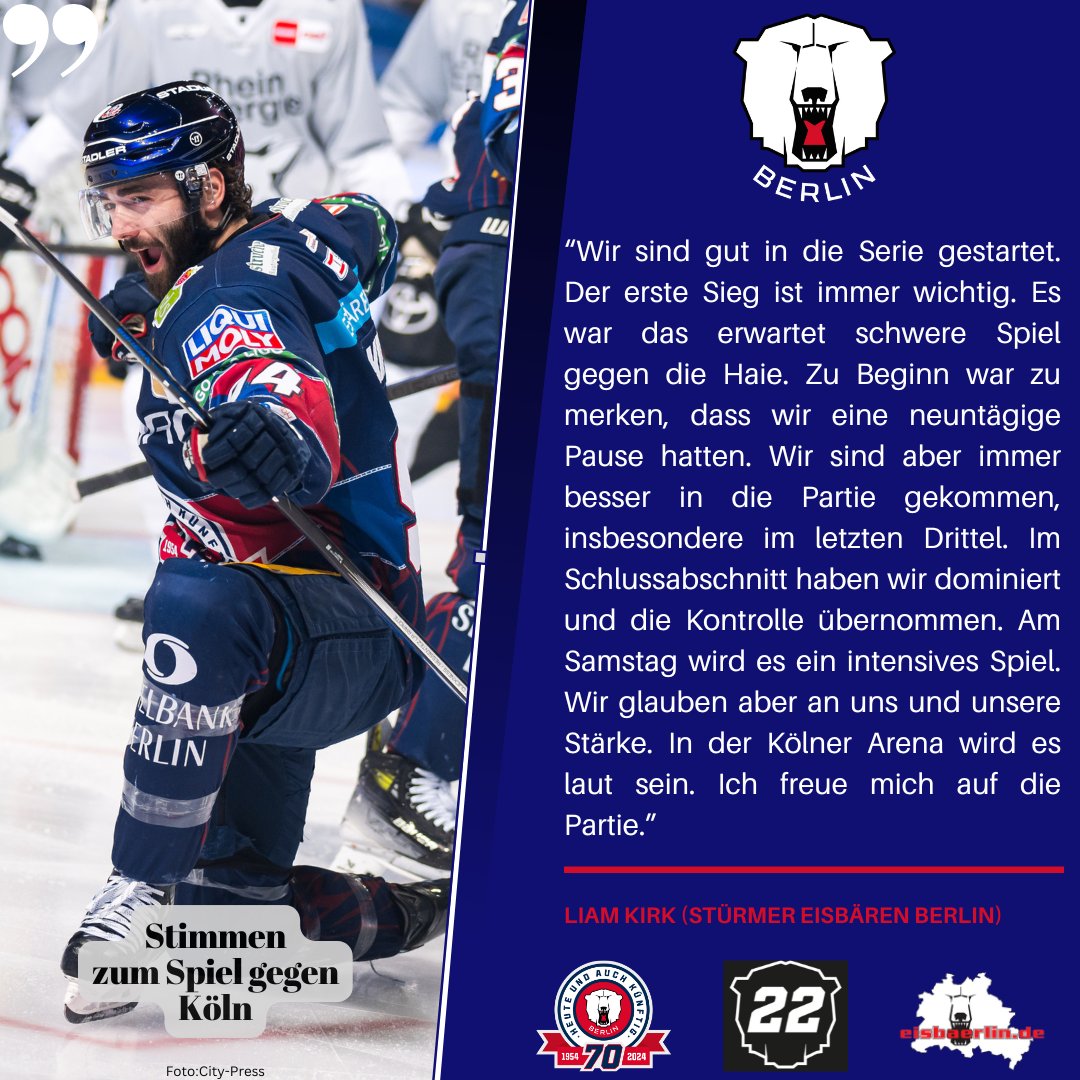Die Stimmen zum Spiel der <a href="/Eisbaeren_B/">Eisbären Berlin</a> gegen die <a href="/Koelner_Haie_72/">Kölner Haie</a> von den Trainern Serge Aubin und Kari Jalonen sowie Stürmer Liam Kirk:

📸City-Press
