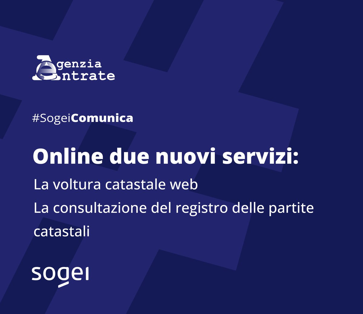 Sogei (@sogei_spa) on Twitter photo Il Catasto è sempre più digitale 💻Online due nuovi servizi sviluppati da #Sogei per <a href="/Agenzia_Entrate/">Agenzia Entrate</a>: la voltura catastale via web e la consultazione dei registri di partita.
👉sogei.it/it/sogei-homep…
#SogeiComunica Il Catasto è sempre più digitale 💻Online due nuovi servizi sviluppati da #Sogei per <a href="/Agenzia_Entrate/">Agenzia Entrate</a>: la voltura catastale via web e la consultazione dei registri di partita.
👉sogei.it/it/sogei-homep…
#SogeiComunica