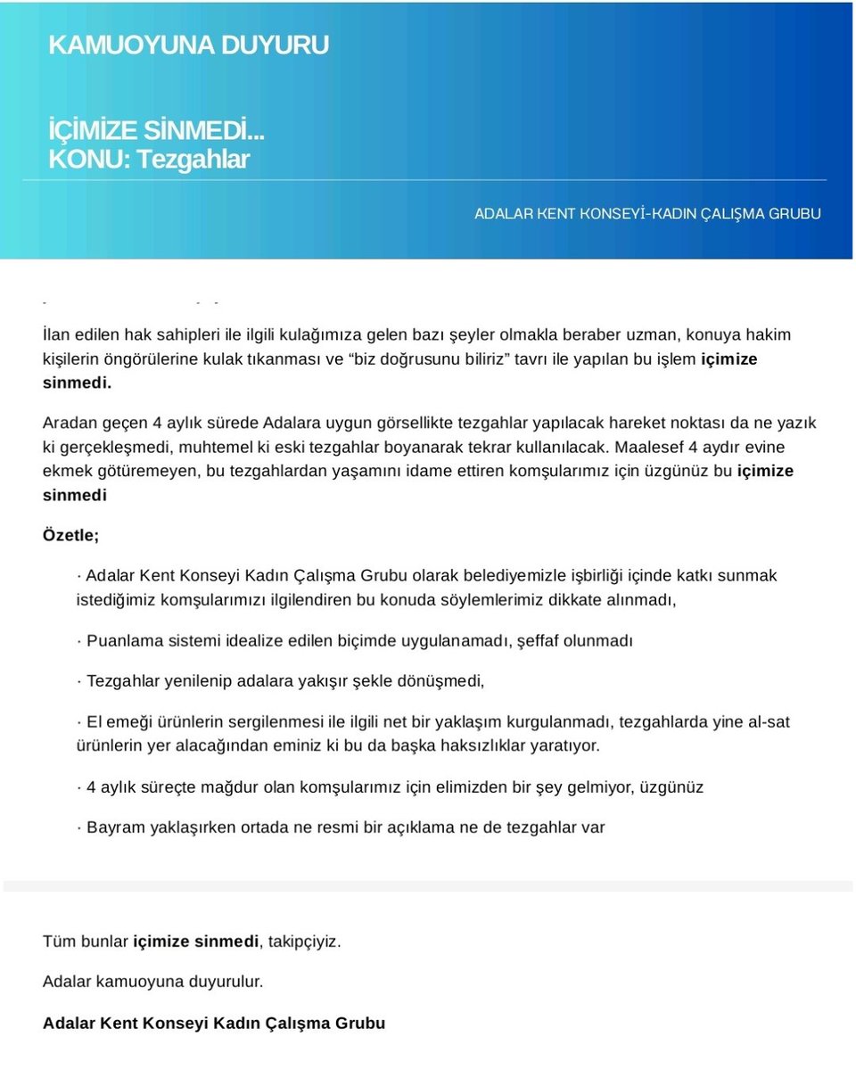 Adalar Kent Konseyi Kadın Çalışma Grubu olarak, Adalar Belediyesi Kasım ayında el emeği ürün tezgahlarını kaldırdığından beri yaşanan süreçten rahatsızız. +
