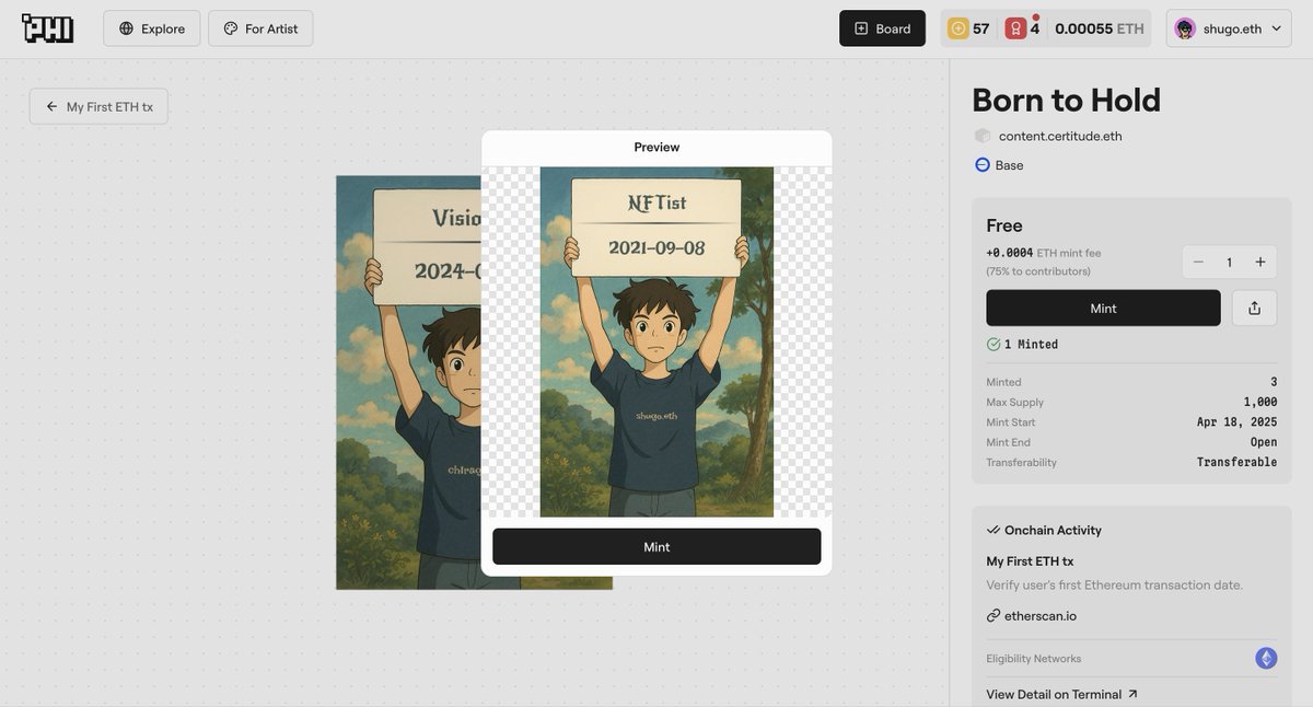 When is your first transaction on Ethereum? Mint this cred NFT to prove how OG you are.

Born to Hold, "My first ETH transaction"
phi.box/mint/8453-133/…