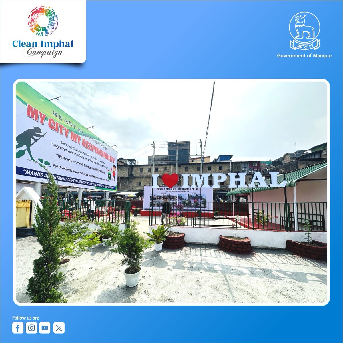 govt_of_manipur's tweet photo. As part of the Clean Imphal Campaign, the site adjacent to the crematorium and opposite to Lai Eshingchaiba, Nagamapal - once a Garbage Vulnerable Point, has been transformed to a Selfie Point and formally inaugurated today as the “Senior Citizens’ Recreation Point.”

This dedicated space for our senior citizens has been developed by the Imphal Municipal Council (IMC) under the 15th Central Finance Commission (Tied Fund), reflecting our continued commitment to clean, reclaim, develop and beautify urban spaces.

Let us all join hands in building a cleaner, greener and more inclusive Imphal.

#MyCityMyResponsibility #CleanImphal #GovernmentOfManipur #UrbanTransformation #SeniorCitizens #CleanImphalCampaign #ImphalMunicipalCouncil