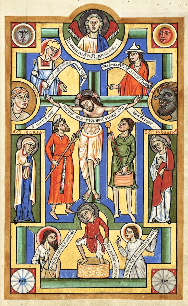 VirDesideriorum's tweet image. In this powerful Crucifixion scene from the Stammheim Missal (ca. 1170s), the drama of salvation unfolds in vivid medieval color and symbolism.
At the center: Christ crucified, caught between Life (a noble woman) and Death (a snarling demon).
Above his arms: a divine promise from…