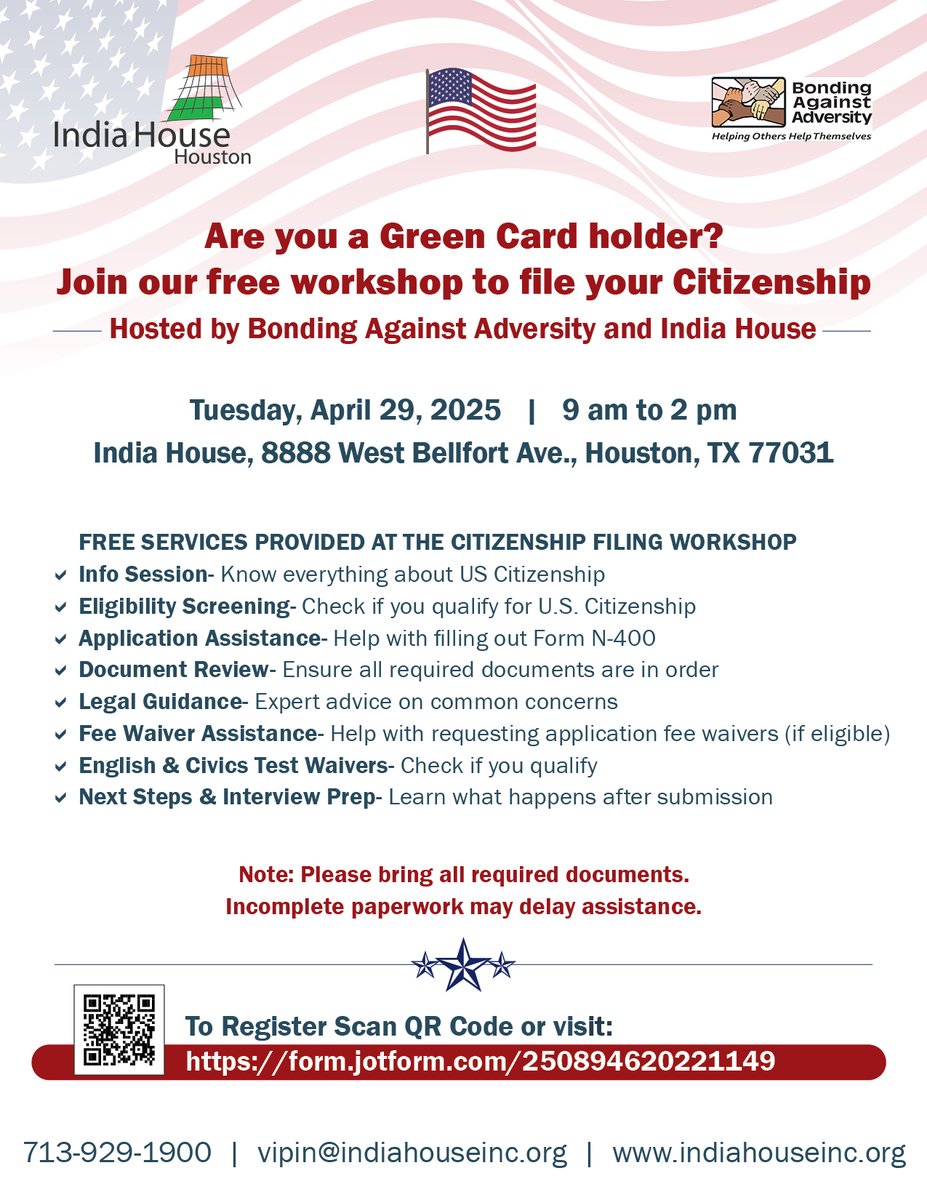 indiahouse's tweet image. 🇺🇸 Green card holders—take the next step towards U.S. Citizenship with us. Join our free our Filling Workshop for expert guidance on eligibility, applications, and interview process. Don’t wait—register now.
indiahouseinc.org/citizenship-wo…

#PathToCitizenship #ImmigrationPolicy #Citizen