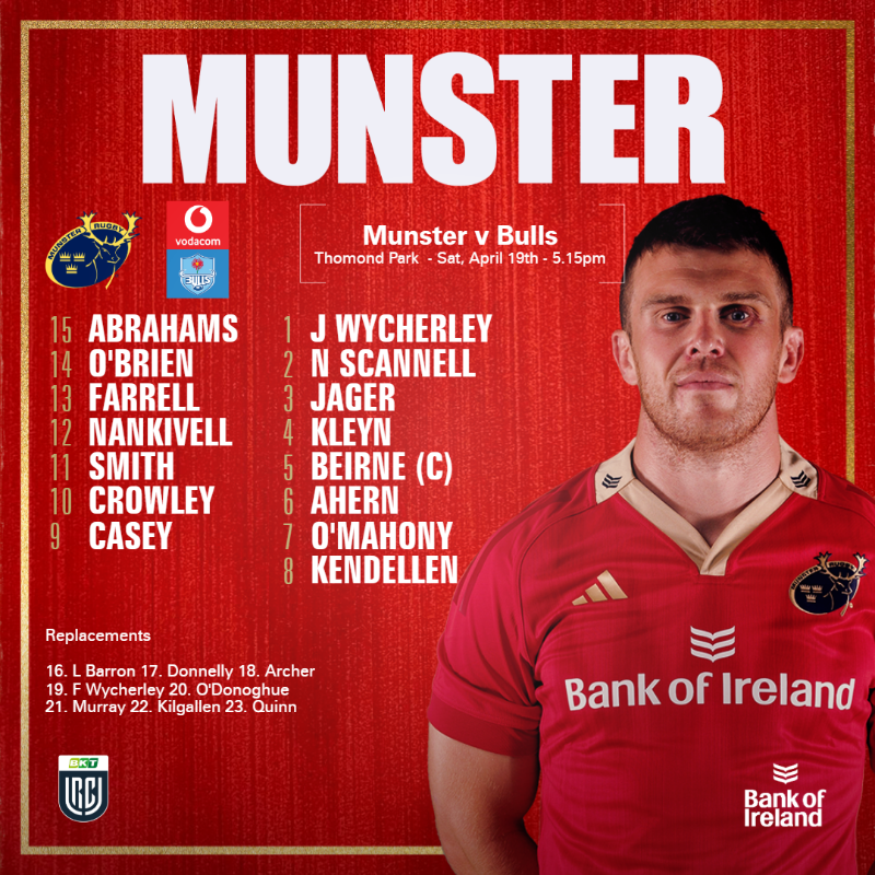 Munsterrugby's tweet photo. Team News as we return to Thomond Park 👊

🔄 4 changes as Seán O’Brien, Niall Scannell, Tom Ahern and Alex Kendellen come into the side.

💪 Lee Barron set for Munster debut.

▶️ Diarmuid Kilgallen returns from injury. 

#SUAF 🔴 | #MUNvBUL