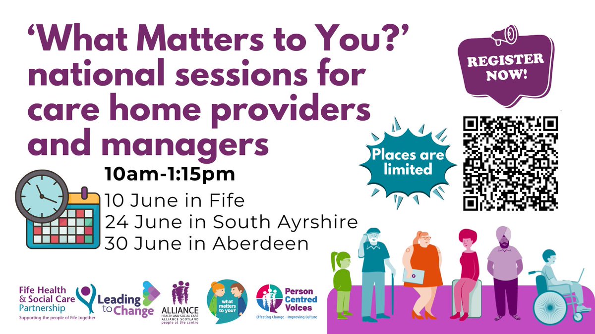 Person Centred Voices (@personcentredvo) on Twitter photo Calling all care home providers and managers! This June, join <a href="/tommyNtour/">Tommy Whitelaw BCAh</a> for a free 'What Matters to You?' session - delivered in partnership with <a href="/FifeHSCP/">Fife Health & Social Care Partnership</a> <a href="/NHS_Education/">NHS Education for Scotland (NES)</a> <a href="/ALLIANCEScot/">The ALLIANCE</a> Time: 10am–1:15pm
Locations: Fife, Ayr, Aberdeen
Read more: alliance-scotland.org.uk/blog/events/wh… Calling all care home providers and managers! This June, join <a href="/tommyNtour/">Tommy Whitelaw BCAh</a> for a free 'What Matters to You?' session - delivered in partnership with <a href="/FifeHSCP/">Fife Health & Social Care Partnership</a> <a href="/NHS_Education/">NHS Education for Scotland (NES)</a> <a href="/ALLIANCEScot/">The ALLIANCE</a> Time: 10am–1:15pm
Locations: Fife, Ayr, Aberdeen
Read more: alliance-scotland.org.uk/blog/events/wh…