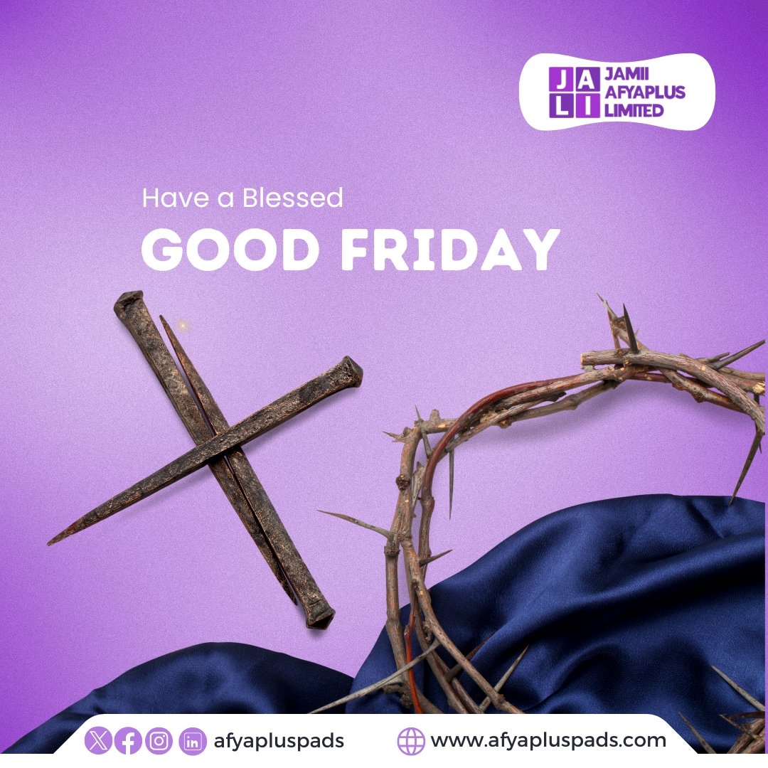 Afyapluspads's tweet photo. As we mark Good Friday, may this day fill us with peace, grace, and love.

At Jamii Afyaplus Limited, we’re reminded of the power of sacrifice and the call to serve with compassion. May this renew our purpose to build healthier communities.

Wishing you a blessed Good Friday https://t.co/k1pamFHUqT