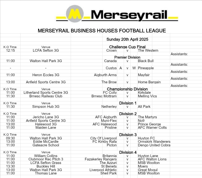 Merseyrail Business Houses League (@businesshouses2) on Twitter photo Fixtures for Easter Sunday โฝ๏ธ๐ฐ
Challenge Cup Final ๐ - 12.15pm LCFA Sefton
<a href="/thecrownfc2/">The Crown FC</a> vs The Western (<a href="/FcLanding/">Western Approaches FC</a> )
The Western are newly crowned Division One Champions. Fixtures for Easter Sunday โฝ๏ธ๐ฐ
Challenge Cup Final ๐ - 12.15pm LCFA Sefton
<a href="/thecrownfc2/">The Crown FC</a> vs The Western (<a href="/FcLanding/">Western Approaches FC</a> )
The Western are newly crowned Division One Champions.