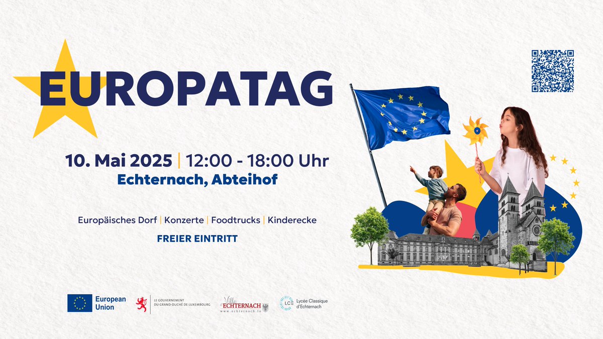 EU zu Lëtzebuerg (@ue_luxembourg) on Twitter photo 🇪🇺Europa hautnah: Der Europatag 2025 kommt nach Echternach!
Entdecken Sie am 10. Mai die Vielfalt Europas mit kulturellen Highlights und kulinarischen Köstlichkeiten.
Seien Sie dabei und feiern Sie mit uns den Europatag!✨
ℹ️luxembourg.representation.ec.europa.eu/actualites-et-…
#EuropeDay2025 #Echternach 🇪🇺Europa hautnah: Der Europatag 2025 kommt nach Echternach!
Entdecken Sie am 10. Mai die Vielfalt Europas mit kulturellen Highlights und kulinarischen Köstlichkeiten.
Seien Sie dabei und feiern Sie mit uns den Europatag!✨
ℹ️luxembourg.representation.ec.europa.eu/actualites-et-…
#EuropeDay2025 #Echternach