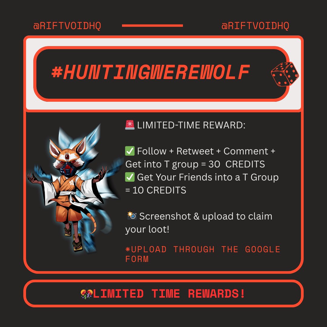 🪩SPACE WEREWOLF HUNT BEGINS！  
🚨Join the ultimate  web3 deception game  

1⃣Follow <a href="/RiftVoid/">Rift Void</a> 
2⃣RT  
3⃣JOIN GROUP:  t.me/RIFTVOIDHQ
4⃣UPLOAD PROOF: abrv.in/f4kM

✅Complete the task and get 40 free points when the game goes live！
#huntingwerewolf #Web3