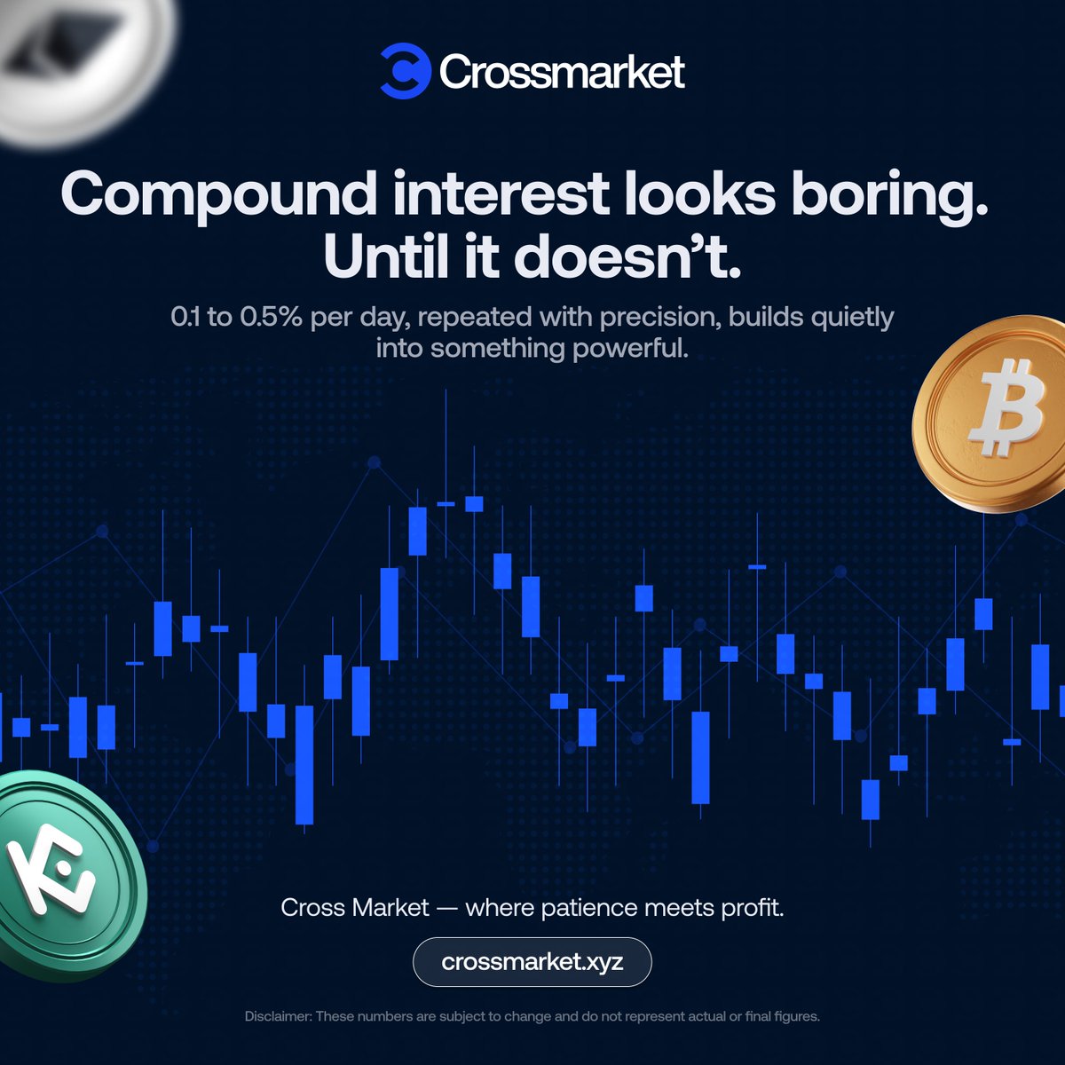 crossmarket_xyz's tweet photo. Compound interest looks boring.
Until it doesn’t.
0.1 to 0.5% per day, repeated with precision, builds quietly into something powerful.
Cross Market — where patience meets profit.
#WealthInMotion #CrossCompounds https://t.co/YPzCr9Vp3J