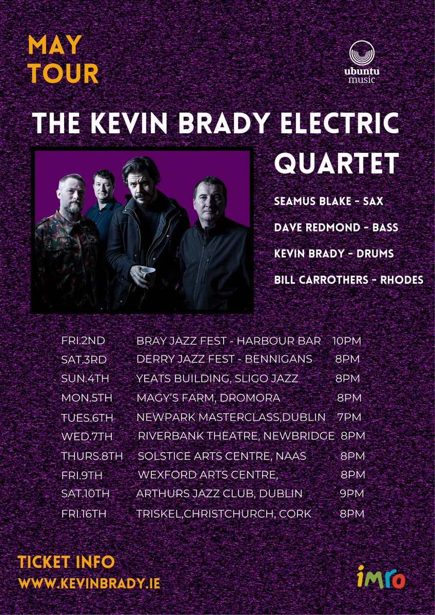 kevin brady music (@kevdawg11) on Twitter photo Kevin Brady Electric Quartet - May Tour Dates. Tickets available Online. More info at: kevinbrady.ie
<a href="/Jazzwise/">Jazzwise</a> <a href="/jazzireland/">Jazz Ireland</a> <a href="/dublinbluesjazz/">Arthur's Blues & Jazz Club</a> <a href="/TriskelCork/">Triskel Arts Centre</a> <a href="/sligojazz/">Sligo Jazz Project</a> <a href="/riverbankarts/">RiverbankArtsCentre</a> <a href="/wexfordarts/">@Wexford Arts Centre</a> <a href="/solsticearts/">Solstice Arts Centre</a> <a href="/BrayJazz/">Bray Jazz Festival</a> <a href="/derryjazzfest/">DerryJazzFest</a> <a href="/ZildjianCompany/">Zildjian Company🌕</a> Kevin Brady Electric Quartet - May Tour Dates. Tickets available Online. More info at: kevinbrady.ie
<a href="/Jazzwise/">Jazzwise</a> <a href="/jazzireland/">Jazz Ireland</a> <a href="/dublinbluesjazz/">Arthur's Blues & Jazz Club</a> <a href="/TriskelCork/">Triskel Arts Centre</a> <a href="/sligojazz/">Sligo Jazz Project</a> <a href="/riverbankarts/">RiverbankArtsCentre</a> <a href="/wexfordarts/">@Wexford Arts Centre</a> <a href="/solsticearts/">Solstice Arts Centre</a> <a href="/BrayJazz/">Bray Jazz Festival</a> <a href="/derryjazzfest/">DerryJazzFest</a> <a href="/ZildjianCompany/">Zildjian Company🌕</a>