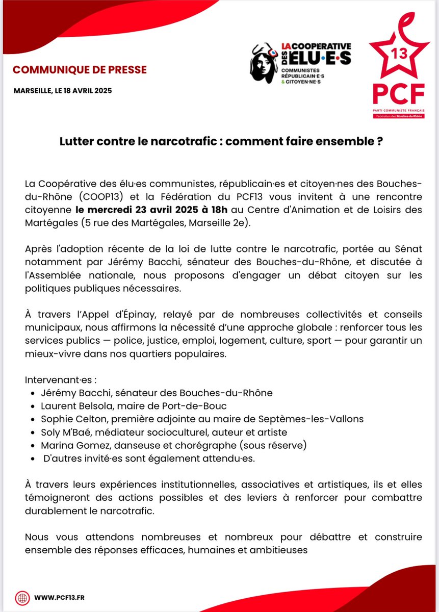 🚨 Venez nombreuses et nombreux débattre des propositions pour lutter contre le narcotrafic 

🗓️ mercredi 23 avril 18h 
📍CAL des Martégales 13002 Marseille 

#justice #police #droits #appeldemarseille