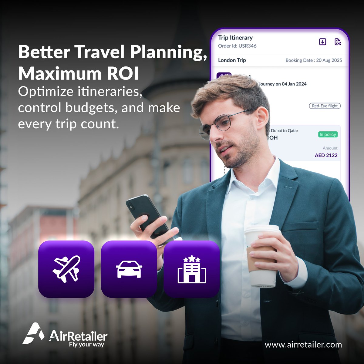 AirRetailer's tweet photo. Business travel should drive results, not inflate costs. AirRetailer helps organizations plan smarter—optimizing itineraries, controlling budgets, and streamlining bookings for maximum ROI in a shifting corporate travel landscape..  
.
.
.
#AirRetailer #BusinessTravel #IATA #NDC https://t.co/ODPR0pHfJO