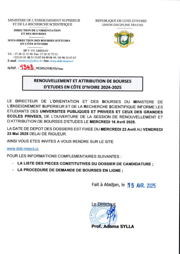 OUVERTURE DE LA SESSION DE RENOUVELLEMENT ET ATTRIBUTION DE BOURSES D'ÉTUDES EN CÔTE D'IVOIRE (2024-2025)
