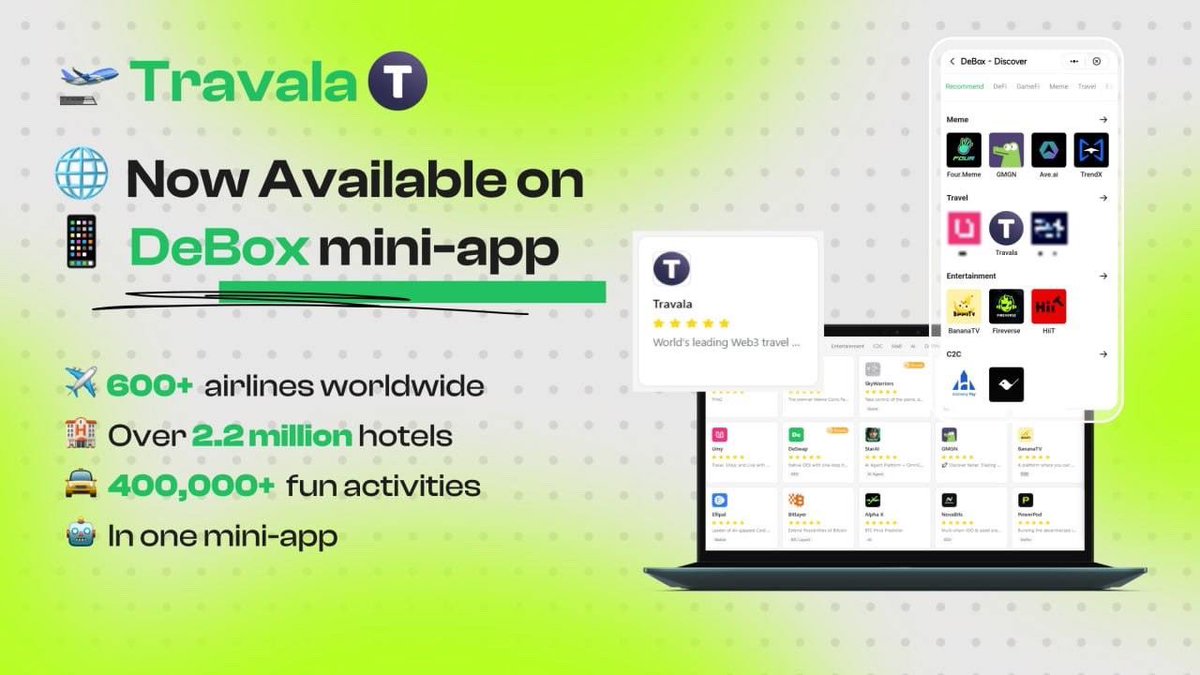 DeBox (@debox_social) on Twitter photo 🌍 Travel with your crypto on <a href="/travalacom/">Travala.com 🏨 ✈️</a>!
✈️ 2.2M+ hotels, , 🛫 600+ airlines,🏝️ 400K+ activities
💰 Pay with 100+ cryptos & get up to 10% back in BTC or AVA
🛎️ Best Price Guarantee + Smart member perks
📲 Book now via the Travel mini-app on DeBox
Start your crypto-powered 🌍 Travel with your crypto on <a href="/travalacom/">Travala.com 🏨 ✈️</a>!
✈️ 2.2M+ hotels, , 🛫 600+ airlines,🏝️ 400K+ activities
💰 Pay with 100+ cryptos & get up to 10% back in BTC or AVA
🛎️ Best Price Guarantee + Smart member perks
📲 Book now via the Travel mini-app on DeBox
Start your crypto-powered