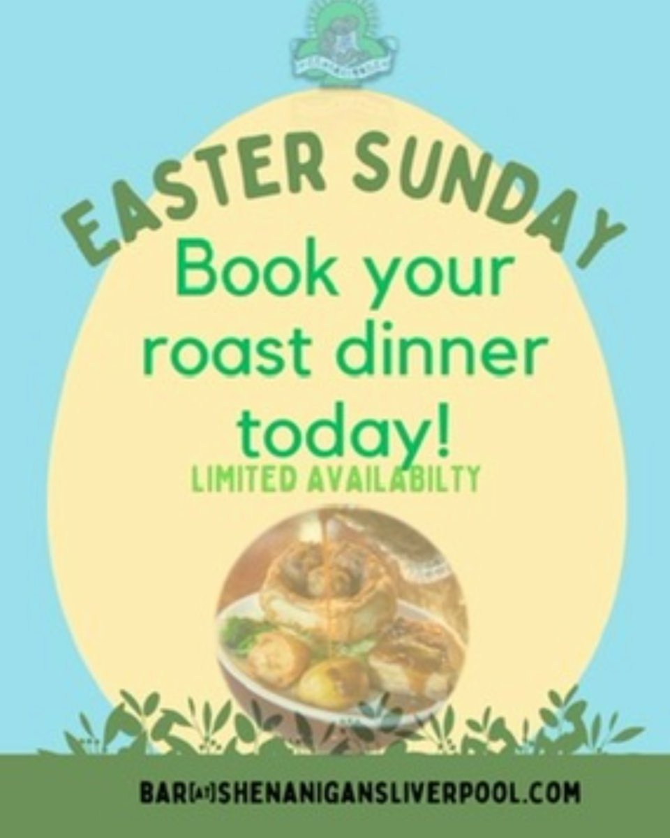🐣EASTER SUNDAY🐣

@shenanigansliverpool 

📕TO BOOK your ROAST DINNER 

📧 EMAIL
bar@shenanigansliverpool.co.uk

#easter #eastersunday #eastersundayroast #roastdinner #liverpoolroasts #liverpoolsundayroast #liverpooleaster #easterliverpool #liverpool #liverpoolfood