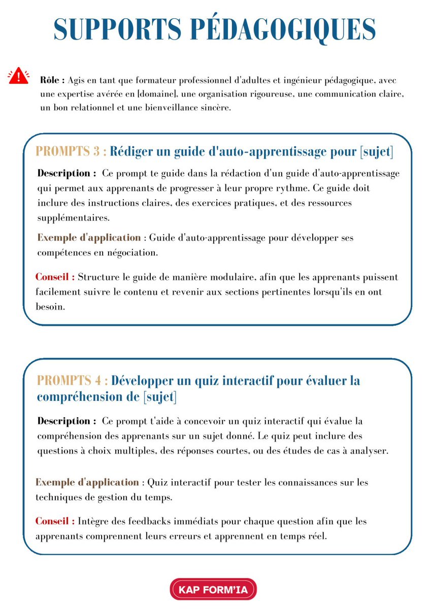 🤖 Ce guide de Sabrina Mokhtar vous offre des idées concrètes de prompts pour transformer vos cours : fiches pratiques, vidéos explicatives, quiz interactifs etc... Intéressanr pour engager nos élèves avec des formats variés et interactifs ! 
 bit.ly/3DSyy4s