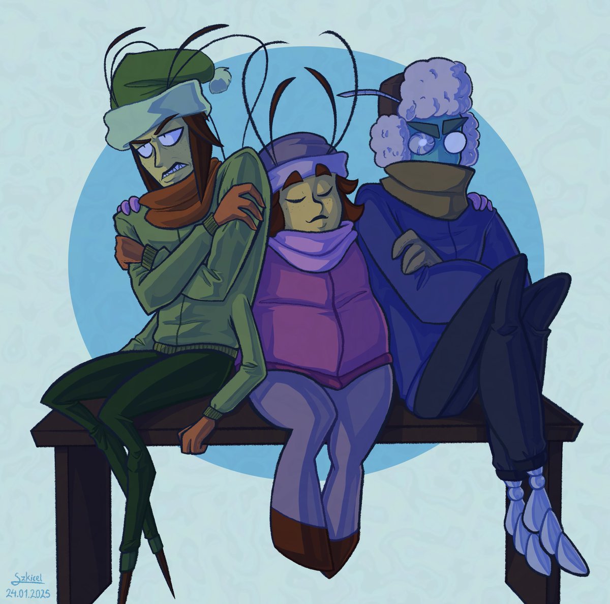 Some late winter themed drawing of the gang freezing on the bus stop~