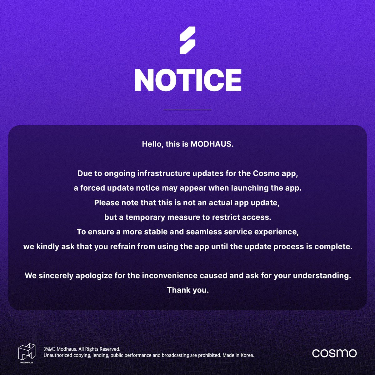 Cosmo Temporary Suspension of On-Chain Features Notice (Updated)

#Cosmo #tripleS #ARTMS