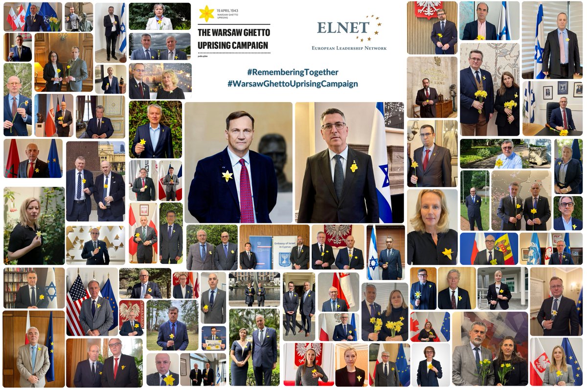 PLinUkraine's tweet photo. W symbolicznym geście upamiętnienia bohaterów i bohaterki powstania w getcie warszawskim, ministrowie sz 🇵🇱 oraz 🇮🇱, razem z 87 ambasadorami w 50 krajach na świecie, wzięli udział w tegorocznej Akcji Żonkile.
#RememberingTogether
#WarsawGhettoUprisingCampaign
@elnet_global https://t.co/xj1LGIT6YR