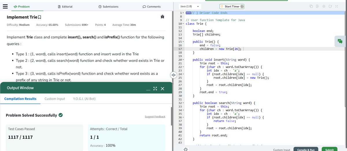 Ajinkya Walunj (@jinks4518) on Twitter photo ๐Day 154 #geekstreak2025 #gfg160
<a href="/geeksforgeeks/">GeeksforGeeks</a>
Problem - Implement Trie
#connect #studytwt #LearnInPublic #letsconnect #100DaysOfCode #collegestudents #geeksforgeeks #SoftwareDevelopment #CodingChallenge #SoftwareEngineering #LeetCode #potd #Java #buildinpublic ๐Day 154 #geekstreak2025 #gfg160
<a href="/geeksforgeeks/">GeeksforGeeks</a>
Problem - Implement Trie
#connect #studytwt #LearnInPublic #letsconnect #100DaysOfCode #collegestudents #geeksforgeeks #SoftwareDevelopment #CodingChallenge #SoftwareEngineering #LeetCode #potd #Java #buildinpublic