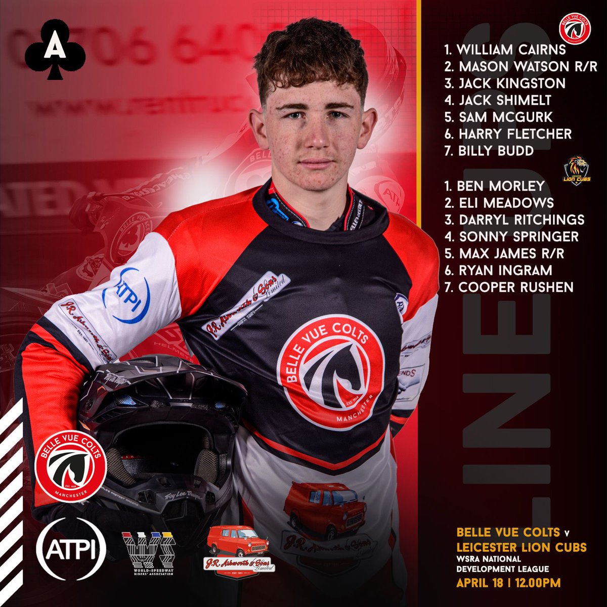 𝗛𝗼𝘄 𝘁𝗵𝗲𝘆 𝗹𝗶𝗻𝗲-𝘂𝗽…

📍JR Ashworth Colts v Leicester Lion Cubs. 
🏆 National Development League. 
🏟️ National Speedway Stadium. 
⏰ 12pm. 

#Manchester♣️