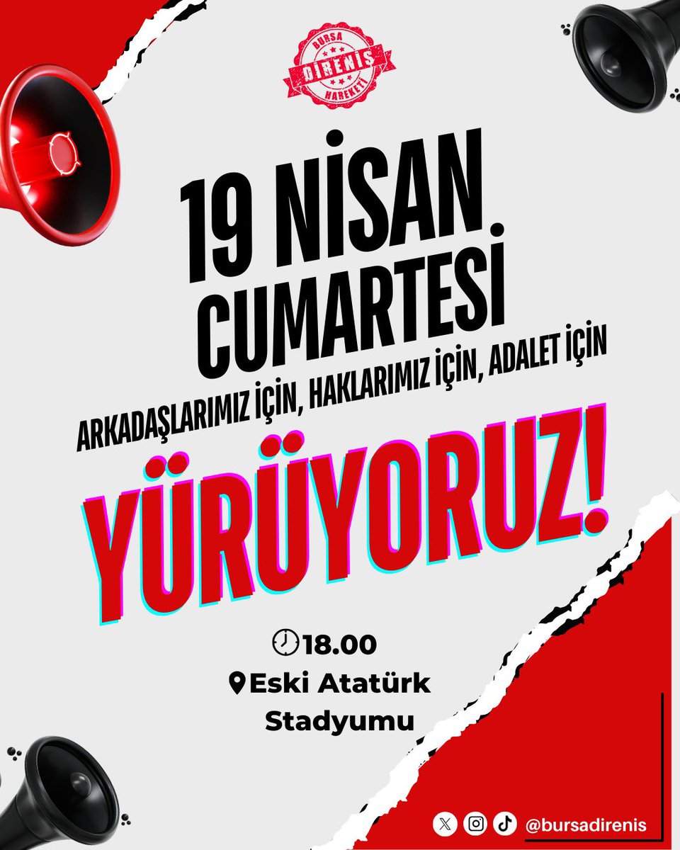 19 Nisan’da sadece yola çıkmıyoruz,
arkadaşlarımızın sesi, adaletin izi oluyoruz.

Omuz omuza yürüyoruz.
Saat 18.00, Eski Atatürk Stadyumu.
#YaHepBeraberYaHiçBirimiz