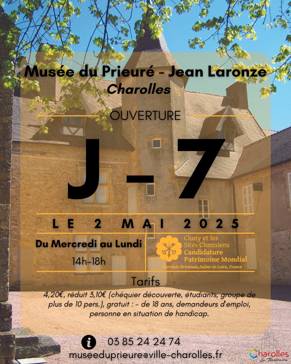 CharoBrioCluny's tweet photo. 🥳 J-7 ! 
📆 Le Musée du Prieuré - Jean Laronze à Charolles va rouvrir ses portes !
Rendez-vous le 2 Mai à 14h pour une saison touristique 2025 riche en nouveautés et en animations !
➡️ Infos complémentaires :
03 85 24 24 74
museeduprieure@ville-charolles.fr 
#charolles #musee https://t.co/GfjBfiSF6U