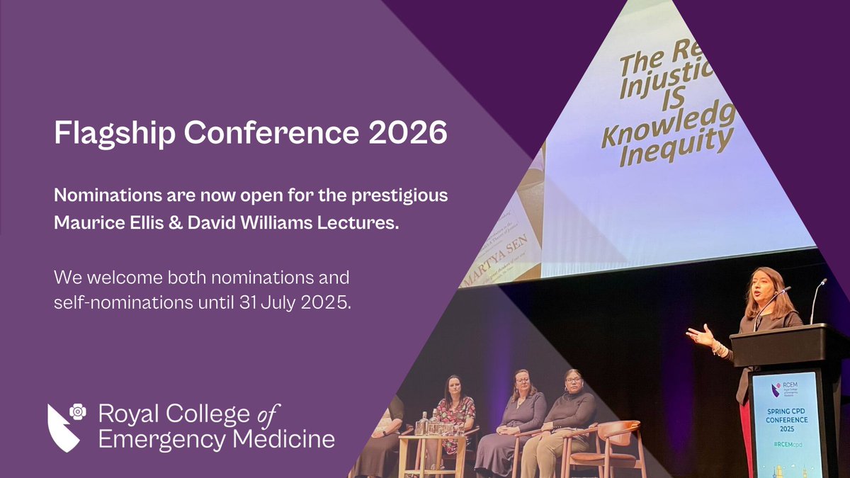 RCEM will host the Maurice Ellis and David Williams lectures at its 2026 flagship conference. 

Nominations, including self-nominations, are now open to recognise excellence in Emergency Medicine.

🗓️ Deadline: 31 July 2025
🔗 Submit your nomination: bit.ly/42arZDB