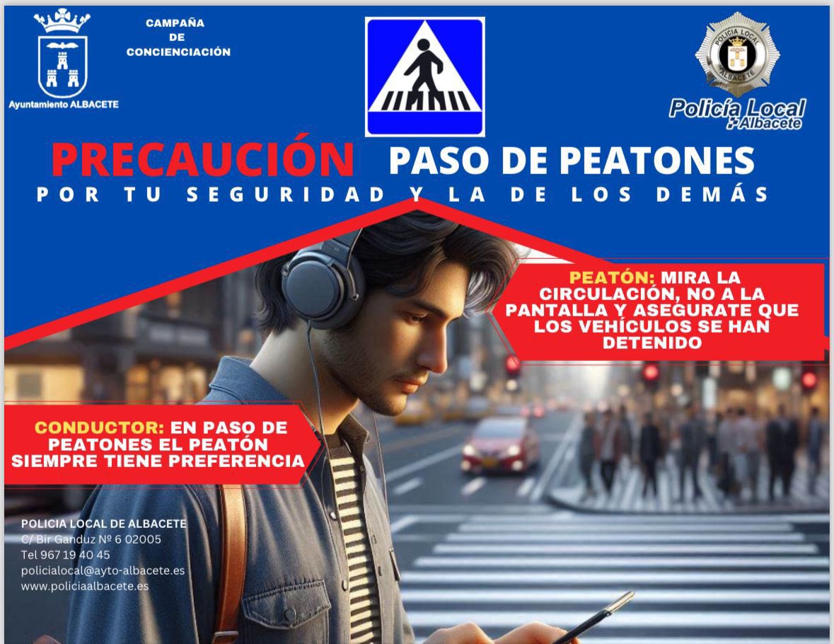 PoliciaAlbacete's tweet photo. 🎧+📱+🚶♂️ = Combo PELIGROSO
Si cruzas así, te estás jugando la vida.
Cruzar es un acto de atención, no de suerte.
#AtentoAlCruzar #PasoDePeatones https://t.co/9AiebhHrZ5