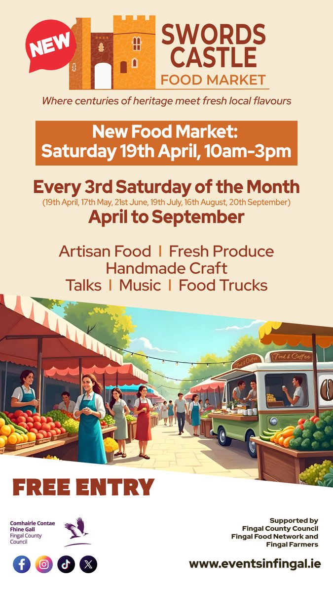 The first free monthly Swords Castle Market, starts tomorrow, Saturday, 19th April from 10- 3pm. Be among the first to experience &amp; support local producers, offering fresh farm produce, artisan foods, handmade crafts to live music &amp; food trucks. It's a great day out for everyone!